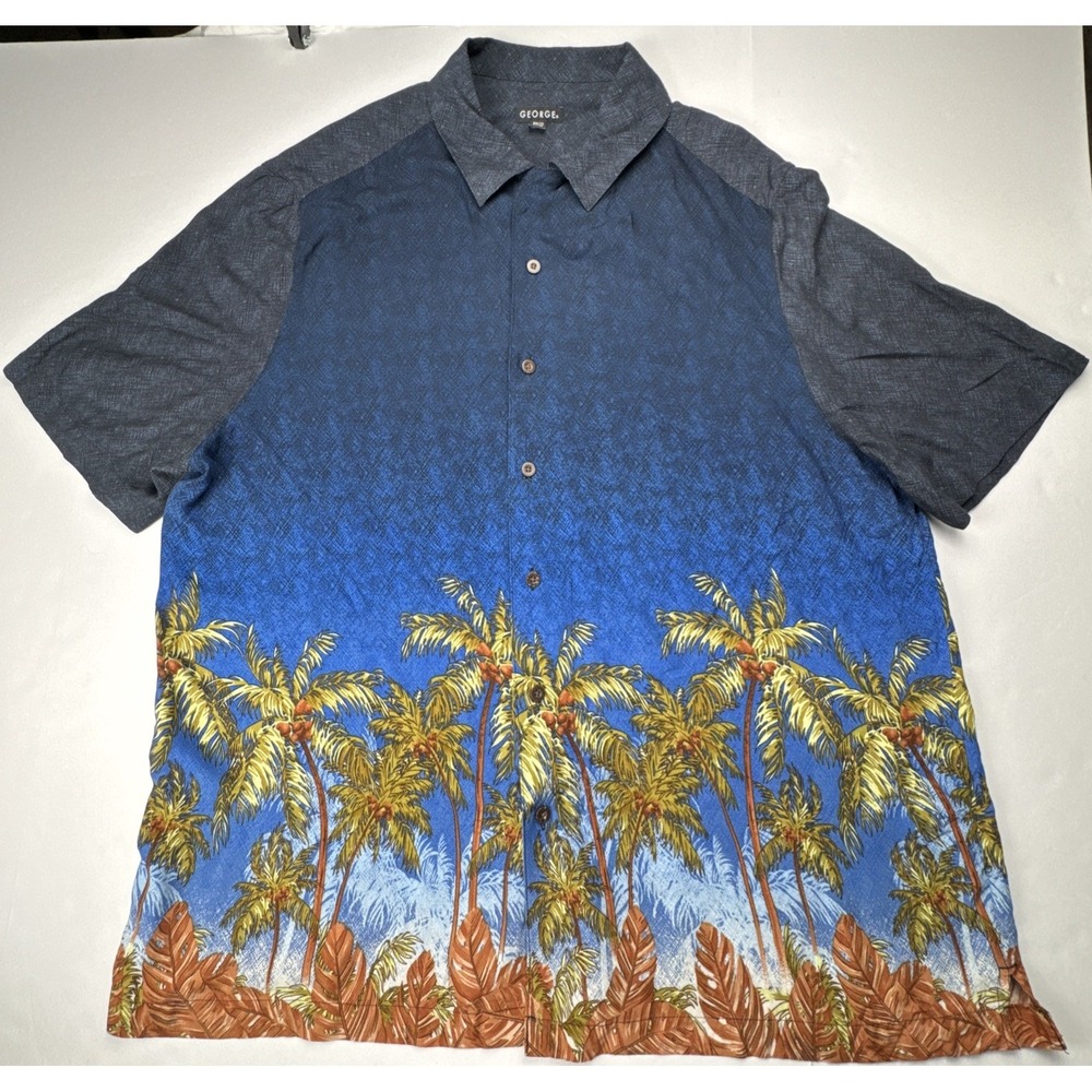 George Button Down Shirt Tropical Palm Tree Border Print 2XL Blue Rayon